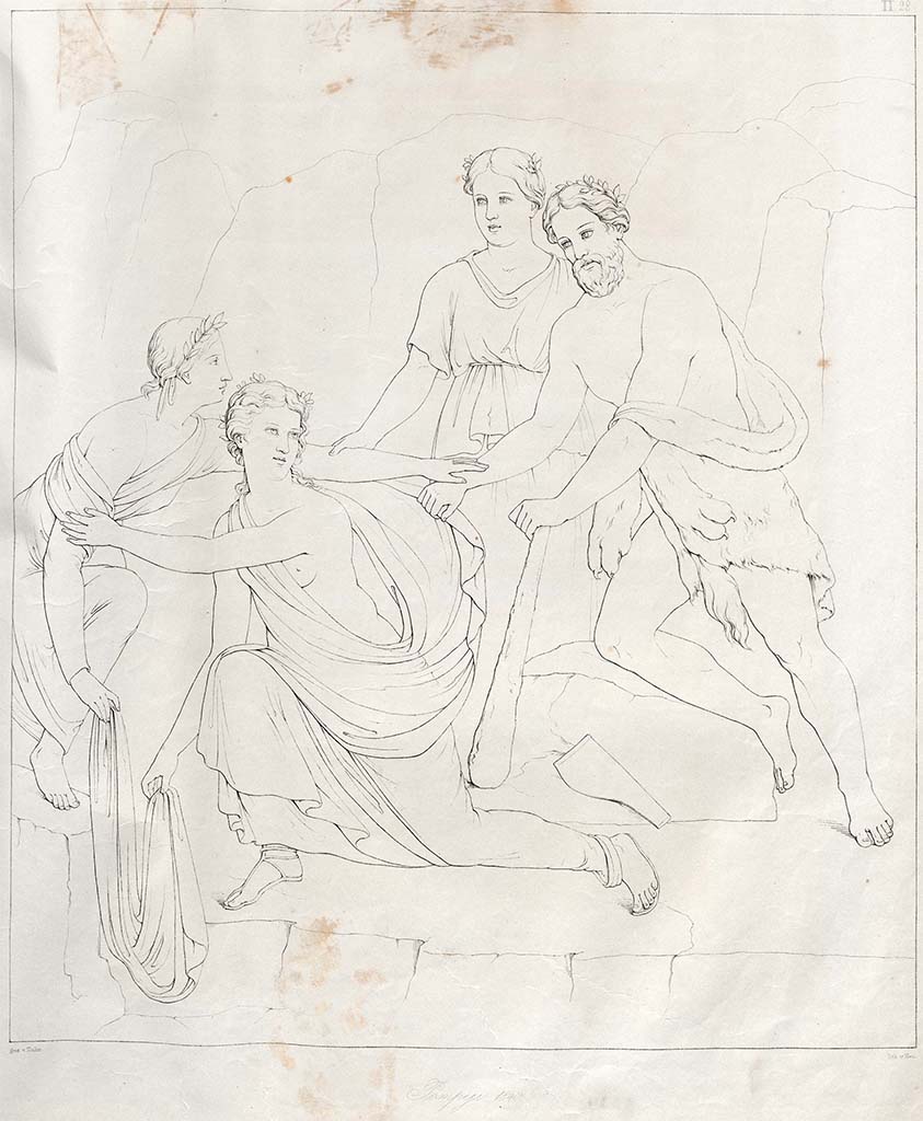 VIII.3.4 Pompeii. 1840. Drawing by Zahn of painting of Hercules and Iole.
According to Zahn, this was provenanced from a small chamber at the rear of the Casa del Cignale, whereas according to the note on the Abbate drawing (above) it was found in this house (VIII.3.4), on the west side of the peristyle, and gave the house its name.
See Zahn, W., 1842-44. Die schönsten Ornamente und merkwürdigsten Gemälde aus Pompeji, Herkulanum und Stabiae: II. Berlin: Reimer, taf. 28.