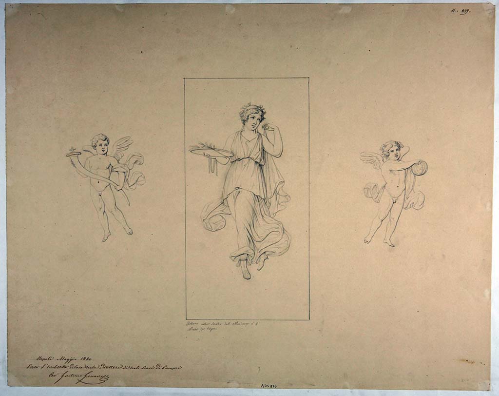 VIII.3.4 Pompeii. Drawing by Nicola La Volpe, 1860, of three figures probably found in the same unknown room, if not from the same wall.
Now in Naples Archaeological Museum. Inventory number ADS 814.
Photo © ICCD. http://www.catalogo.beniculturali.it
Utilizzabili alle condizioni della licenza Attribuzione - Non commerciale - Condividi allo stesso modo 2.5 Italia (CC BY-NC-SA 2.5 IT)
