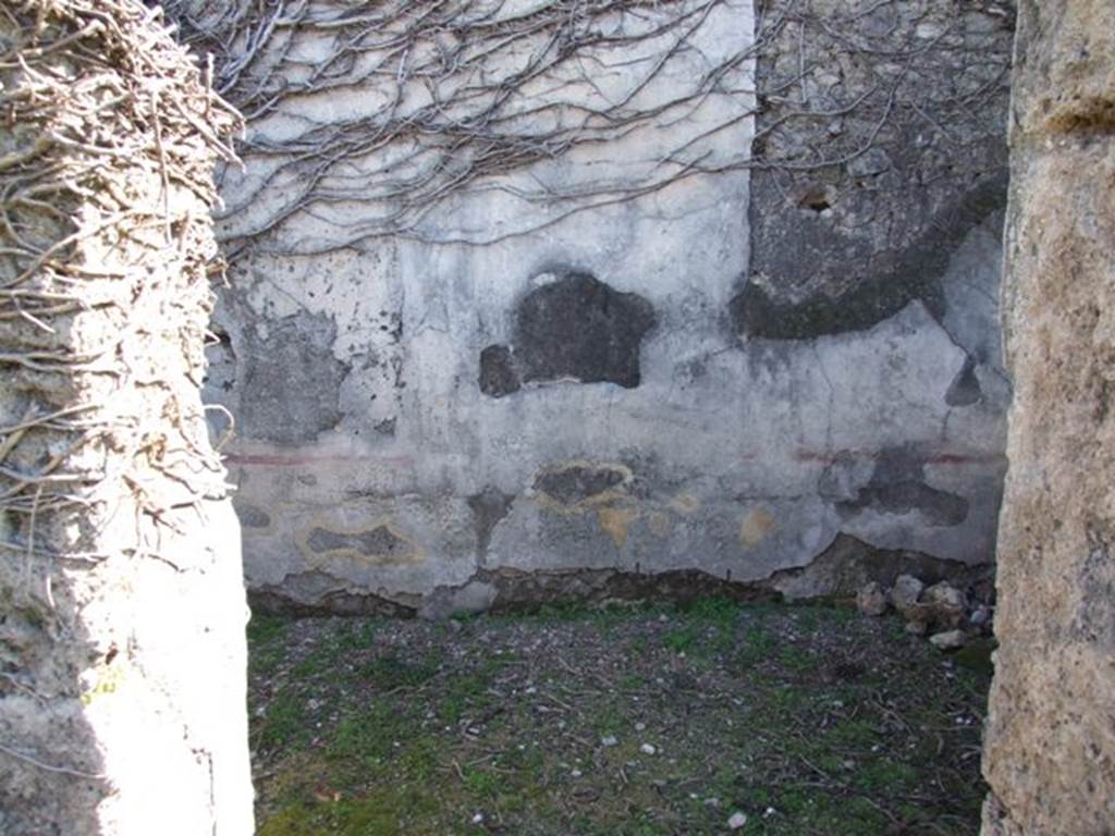 VIII.3.4 Pompeii. March 2009. Room 2, east wall of cubiculum, with painted plaster.
This room might have contained the wall painting of Dionysus & Silenus,
See Helbig, W., 1868. Wandgemälde der vom Vesuv verschütteten Städte Campaniens. Leipzig: Breitkopf und Härtel, (395b).
According to Fiorelli,
“.... e nel secondo (cubicoli) oltre alcuni bustini rinchiusi da circoli, un quadretto esprimente Bacco poggiato alle spalle di Sileno; che suona la lira, in atto di versare con l’altro mano il cantaro sulla pantera che gli sta ai piedi.”
(trans: and in the second (cubiculum on the left of the atrium) other than some heads enclosed by circles, a painting showing Bacchus leaning on the shoulder of Silenus; who plays the lyre, in the attitude of pouring with the other hand the cantharus onto the panther who is at his feet.)
See Pappalardo, U., 2001. La Descrizione di Pompei per Giuseppe Fiorelli (1875). Napoli: Massa Editore. (p.123)
According to PPM, the painting of Dionysus & Silenus was found in the atrium, but today, has faded and disappeared from the walls.
It has been wrongly identified with a painting in Helbig (H,395b) in which Silenus was described as seen playing a tambourine.
Whereas Schultz affirms that in the painting Silenus was playing the lyre.
See Carratelli, G. P., 1990-2003. Pompei: Pitture e Mosaici: Vol. VIII. Roma: Istituto della enciclopedia italiana, (p.357).
See Annali dell'instituto di corrispondenza archeologica (DAIR), 1838, Schultz, p.201
See Bullettino dell’Instituto di Corrispondenza Archeologica (DAIR), 1841, Schultz, p.119-120.