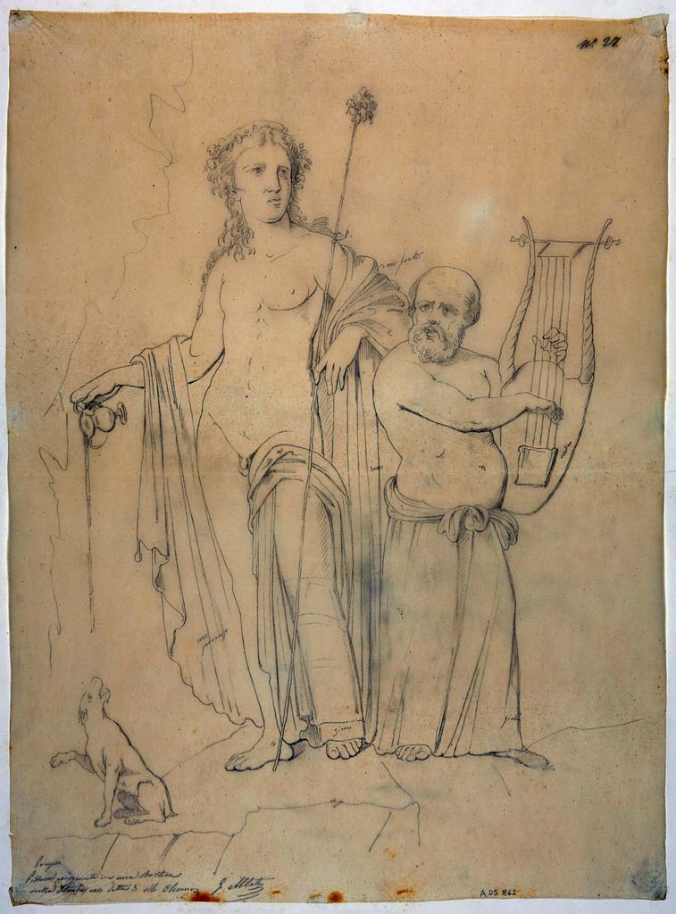 VIII.3.4 Pompeii. Drawing by Giuseppe Abbate, of a painting showing Bacchus with Silenus playing the lyre.
This drawing shows the correct position of the group.
The wording on the lower left reads “Pompeii, painting found in a “Botteca” in the street known as “of M. Olconio”.
According to the ICCD scheda for this drawing it is from VIII.3.2 and was cut out and is now in Naples Museum (9269).
Now in Naples Archaeological Museum. Inventory number ADS 862.
Photo © ICCD. http://www.catalogo.beniculturali.it
Utilizzabili alle condizioni della licenza Attribuzione - Non commerciale - Condividi allo stesso modo 2.5 Italia (CC BY-NC-SA 2.5 IT)