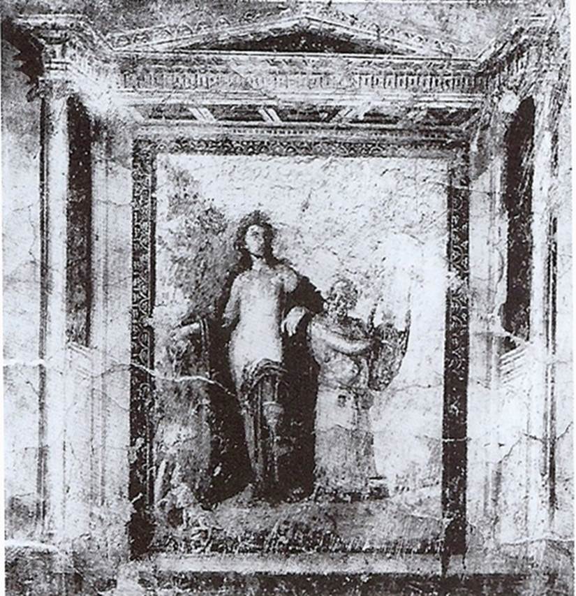 VIII.3.4 Pompeii. Old undated photo of painting of Bacchus with Silenus playing the lyre.
Now in Naples Archaeological Museum. Inventory number 9269.