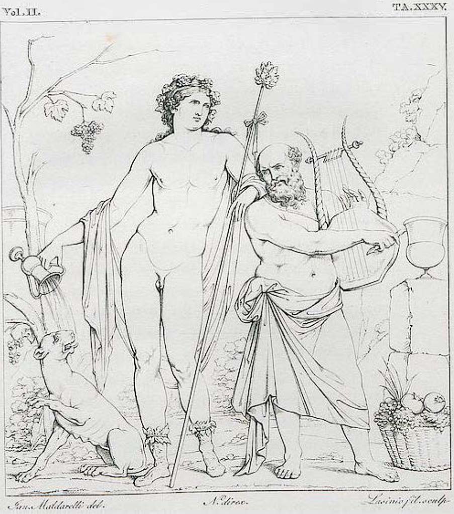 VIII.3.4 Pompeii. 1825. Drawing by Maldarelli of painting of Bacchus with Silenus playing the lyre.
See Real Museo Borbonico Vol. II, 1825, Tav. XXXV.
This drawing was reproduced by Roux in 1840 (and 1870).
See Roux, H., 1840. Herculanem et Pompei recueil général des Peintures, Bronzes, Mosaïques : Tome 3. Paris : Didot. Pl. 112.