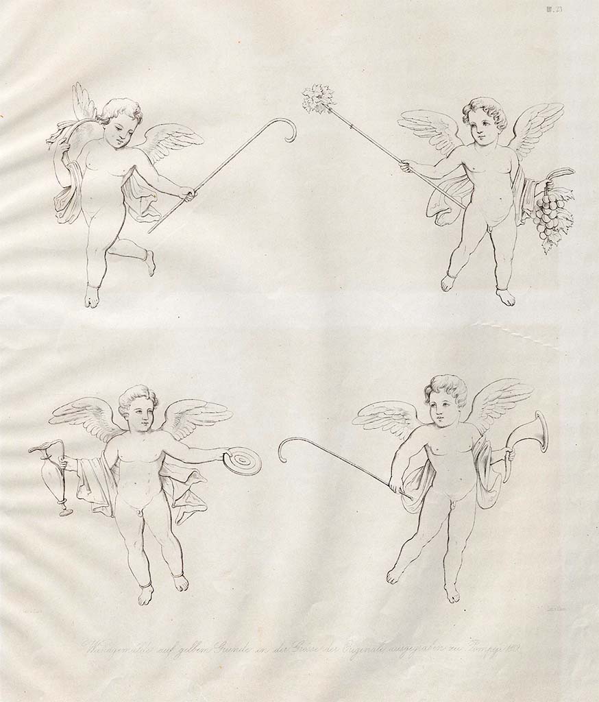VIII.3.12 Pompeii. Pre-November 1856. Drawing by Zahn of four floating cupids with the attributes of Bacchus.
These were found in a room on a yellow background, from a house at the side of the Casa del Cinghiale, discovered in the month of November 1839.
See Zahn, W., 1852-59. Die schönsten Ornamente und merkwürdigsten Gemälde aus Pompeji, Herkulanum und Stabiae: III. Berlin: Reimer, taf. 73.
