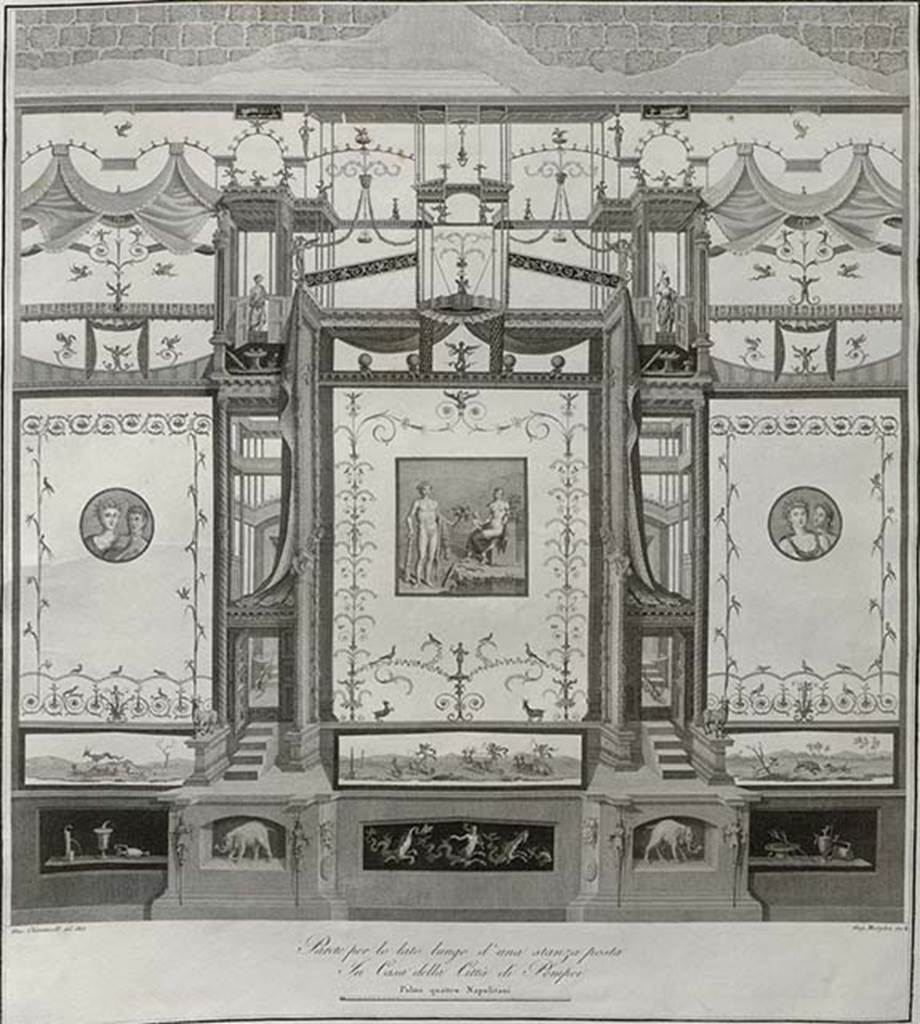 VIII.3.14 Pompeii. Painting dated 1805 by G. Chiantarelli of architectural scene on “long side” in left Ala. 
According to Eristov this is from the north wall.
The wall system that can be guessed on the back wall (north) corresponds, with a few variations, to that given in the engravings; it differs by the absence of escapement (the wall is shorter) and a hanging double festoon above the lateral fields.

« Le système pariétal que l'on devine sur le mur du fond (nord) correspond, à quelques variantes près, à celui que donnent les gravures; il en diffère par l'absence d'échappées (le mur est moins long)  et par une tenture à double feston au-dessus des champs latéraux. »

According to Ornati, it is a very valuable wall from the Casa del Cortile tetrastilo di Pompei.
It is however the example used for comparison of the north wall of VIII.3.14 by Eristov in fig. 7.
See Gli ornati delle pareti ed i pavimenti delle stanze dell'antica Pompei incisi in rame: 1808, tav. 51 or 1838, indice 8, tav. 8.
See Eristov, H., 1993, in Functional and Spatial Analysis of Wall painting. Leiden, pp. 189-192, figs. 6-7.
