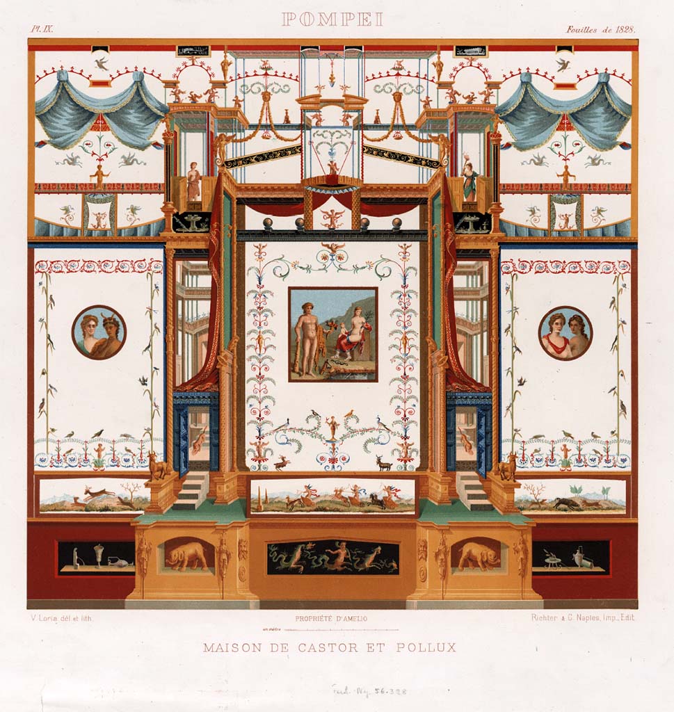 VIII.2.39 Pompeii. Painting of wall by V. Loria, published by D'Amelio.
Curtius clearly references it as "Wand aus dem Hause Josephs II., Pompeji. (Nach D'Amelio, Dipinti murali, Tafel IX)". 
The words under the painting attribute it to the House of Castor and Pollux (VI.9.6), however.
See D’Amelio P., 1888. Dipinti Murali di Pompei. Naples: Richter, p. 9 and Tav. IX.
