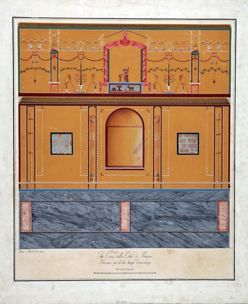 VIII.3.14 Pompeii. 1806 painting by F. Morelli of south wall with niche.
See Carratelli, G. P., 1990-2003. Pompei: Pitture e Mosaici: Vol. VIII. Roma: Istituto della enciclopedia italiana, p. 407, fig. 21.
Now in Naples Archaeological Museum. Inventory number ADS 827.
Photo © ICCD. https://www.catalogo.beniculturali.it/
Utilizzabili alle condizioni della licenza Attribuzione - Non commerciale - Condividi allo stesso modo 2.5 Italia (CC BY-NC-SA 2.5 IT)
Kuivalainen describes the upper south wall as showing –
A composition of three figures inside a draped frame, standing on a podium decorated with a still-life with a goat, a jug, a stemmed large bowl with fruit, and a capsa with writing equipment. On the left, a small faun with hoofs tries to catch a bunch of grapes held by the almost naked youth in the middle. On his back he wears a cloak reaching down to his knees. Partly overlapping him is a robed female figure on his left, seen in side view; in her left hand she holds a thyrsus with long ribbons.
On both sides, cupids harvesting with ladders, garlands, masks and birds.
Kuivalainen comments –
A naked young Bacchus holding grapes in his right hand appears from time to time in Pompeian wall paintings. Here, they are linked to the activity performed by the cupids. The scene imitates a theatre, and the goat in the sockle is one of the characteristic animals of Bacchus.
See Kuivalainen, I., 2021. The Portrayal of Pompeian Bacchus. Commentationes Humanarum Litterarum 140. Helsinki: Finnish Society of Sciences and Letters, (F18, p.173).