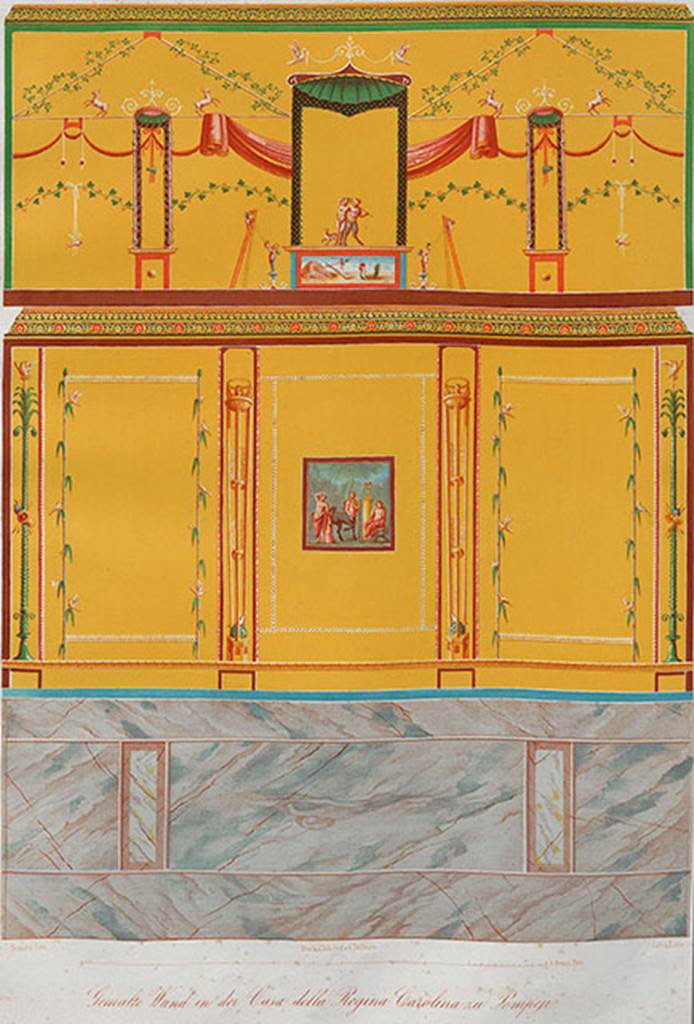 VIII.3.14 Pompeii. West wall of cubiculum with painting of Apollo, Chiron and Asclepius.
See Zahn, W., 1852. Die schönsten Ornamente und merkwürdigsten Gemälde aus Pompeji, Herkulanum und Stabiae: III. Berlin: Reimer, taf. 47.