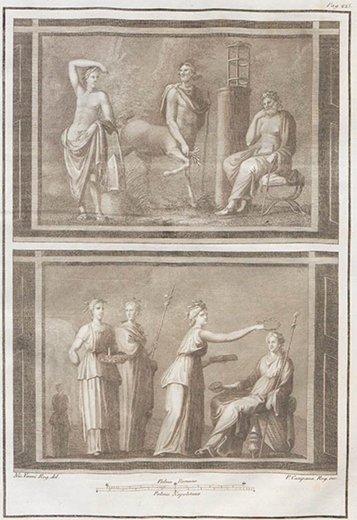 VI.17.9-10 Pompeii. Found 20-29 October 1763.
The above two paintings were found on two walls in the same room.
See Antichità di Ercolano: Tomo Setto: Le Pitture 5, 1779, p.217-221, pl.50.