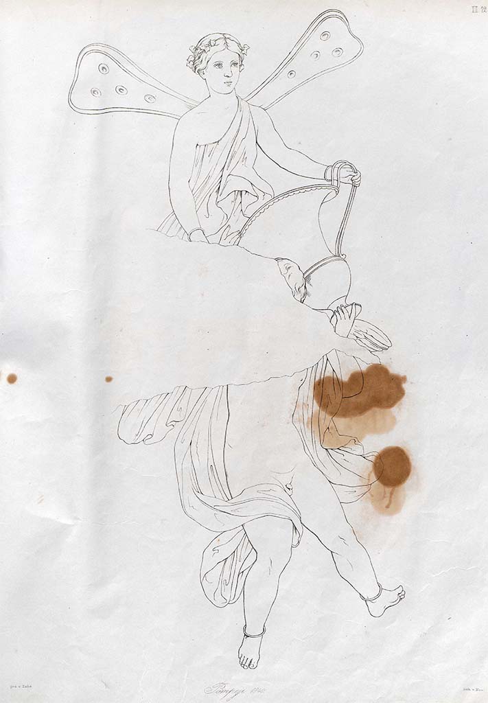 VIII.3.14 Pompeii. April 1840. Drawing by Zahn of a Cupid and Psyche, carrying the vase (krater) of Bacchus.
According to Zahn this was excavated in April 1840 in a house behind the Casa del Cignale, which would seem to mean this one, but location in the house not mentioned.
The base of the wall was yellow, the clothing white with reddish shadows; the vase was coloured silver; the rings on the feet and arms were coloured gold.
See Zahn, W., 1842-44. Die schönsten Ornamente und merkwürdigsten Gemälde aus Pompeji, Herkulanum und Stabiae: II. Berlin: Reimer, taf. 12.