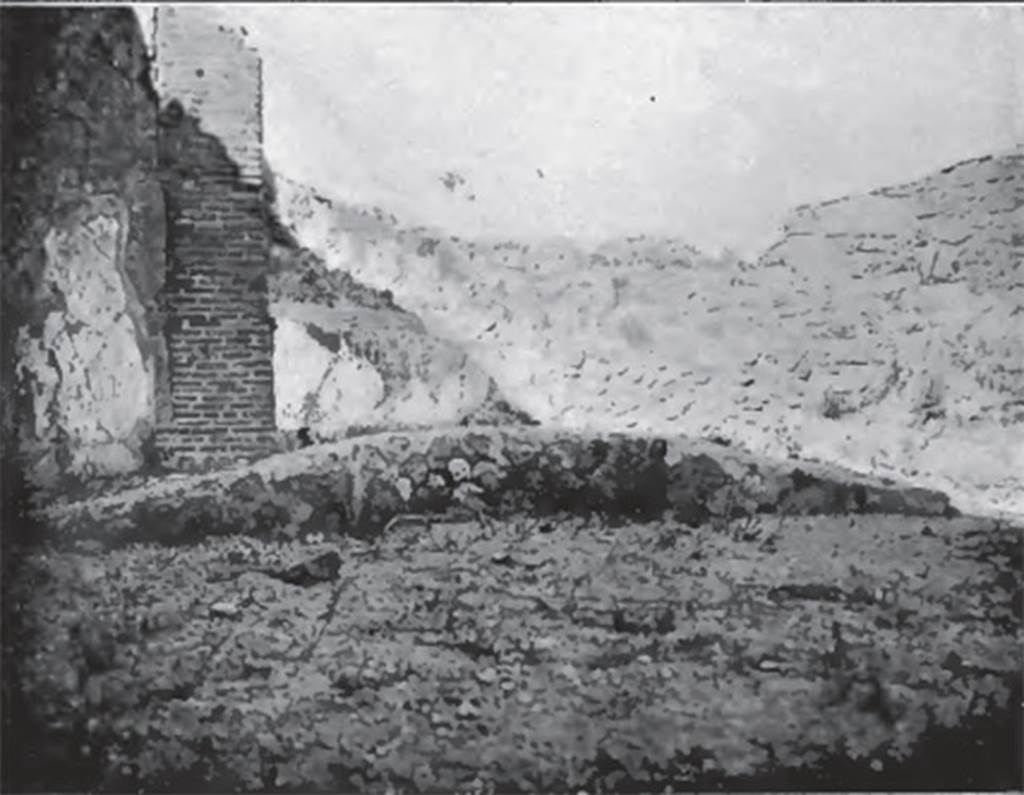 VIII.3.15 Pompeii. About 1906. Garden east side. Curved stibadium or sigma, a semi-circular dining couch.
According to Jashemski –
This unusual building, according to Fiorelli, although originally part of the house at VIII.3.14, had been converted into a caupona.
The garden, which made up a large part of the building, had a portico on the west and south, supported on the south by two square pillars, which were painted with vines. A low wall, which had an entrance on the west, enclosed the garden on the west and south.
In the east part of the garden was a masonry stibadium (3.50m in its widest dimension), the only one found thus far at Pompeii.
It was perhaps shaded by a pergola. The table was supported by a monopodium.
Jashemski sources –
Mazois,2;60 and pl.12,1 (plan);
Niccolini, Case, vol.2, “Descr.Gen”, p.66;
Breton, p.497-8 and drawing of stibadium on p. 498;
Dyer, p.316;
Fiorelli, “Descr”, p. 326-7;
Thedenat, p.90, and fig.46, on p.90;
Soprano, p.306-7, no. 28, and fig.28 on p.291.
See Jashemski, W. F., 1993. The Gardens of Pompeii, Volume II: Appendices. New York: Caratzas. (p.211).
According to Soprano –
Ubicazione: giardino. Diametro massimo, m.3.40.
Bibliog. Bonucci, op. c, p. 159; Breton, op. c, p. 337; Mazois II, p.50, tav.xii, fig. 1 e 2;
Thedenat, op. c. p. 84, and fig.50;
Fiorelli, op. c, p. 237;
Dyer, op. c, p. 315.
Era l’unica stibadium rinvenuto, finora, a Pompei.
Si trova nella parte orientale di una piccola area di giardino circondata da podio lungo i lati di nord e di ovest, ed era completamente privo di intonaco.
Delle due semicirconferenze che delimitano questo stibadium, quella interna era regolare; quella esterna era grossolanamente ricurva.
La mensa, con monopodio, di cui fa cenno il Dyer, non e piu in situ.
See Soprano, P. (1950). I triclini all’aperto di Pompei. (In Pompeiana, raccolta di studi per il secondo centenario degli scavi di Pompei. Napoli, Gaetano Macchiaroli, Editore, P. 306-7, no.28).