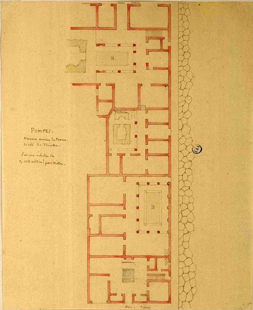 VIII.3.18 Pompeii. Entrance doorway at the lower side in Via delle Scuole.
Looking east across the atrium to the lararium.
There is now a doorway on the north side of the lararium, leading to rooms near the peristyle at VIII.3.16
See Lesueur, Jean-Baptiste Ciceron. Voyage en Italie de Jean-Baptiste Ciceron Lesueur (1794-1883), pl. 7.
See Book on INHA reference INHA NUM PC 15469 (04) « Licence Ouverte / Open Licence » Etalab