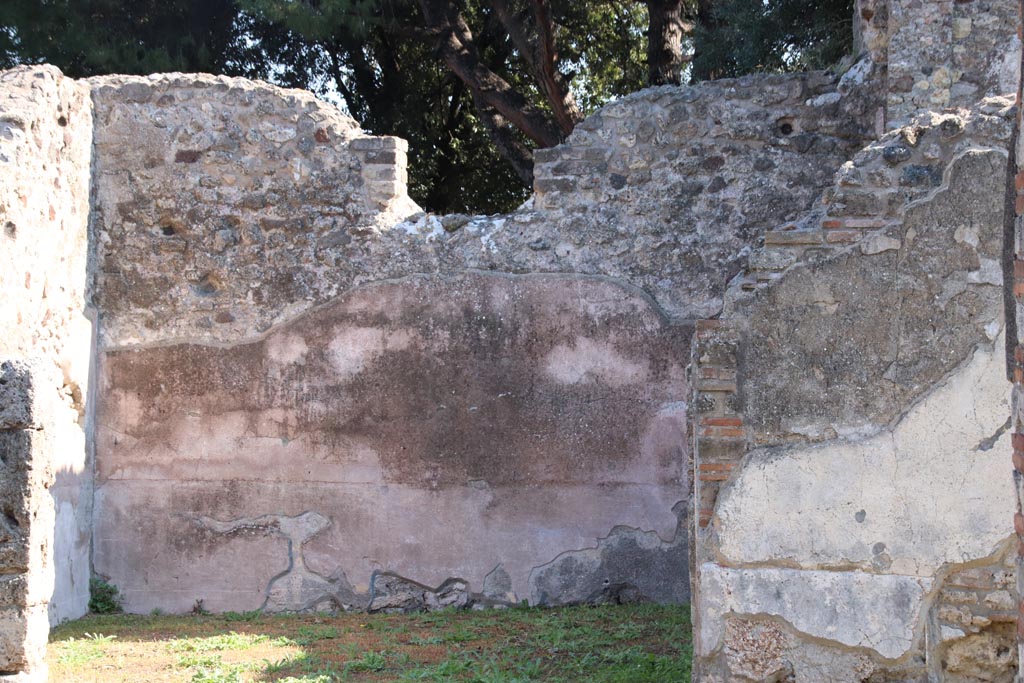 VIII.3.24 Pompeii. October 2022. 
Looking towards tablinum and east wall with high window taking light from the garden of the neighbouring house at VIII.3.14.
Photo courtesy of Klaus Heese. 
The floor of the tablinum was of simple cocciopesto. 
The wall decoration was of fourth style with a high black zoccolo with panels showing geometric patterns or plants and compartments with a central corolla. 
The middle zone was red, fallen for the most part on the north wall, but repeating the same colouring on the other walls. 
The middle zone of the east wall was seen with two red panels with a central compartment dividing them.  
At the top was a square window opening onto the garden of the neighbouring house at VIII.3.14.

Photo courtesy of Klaus Heese. 
The floor of the tablinum was of simple cocciopesto. 
The wall decoration was of fourth style with a high black zoccolo with panels showing geometric patterns or plants and compartments with a central corolla. 
The middle zone was red, fallen for the most part on the north wall, but repeating the same colouring on the other walls. 
The middle zone of the east wall had a central compartment between two red panels. 
At the top was a square window opening onto the garden of the neighbouring house at VIII.3.14.
