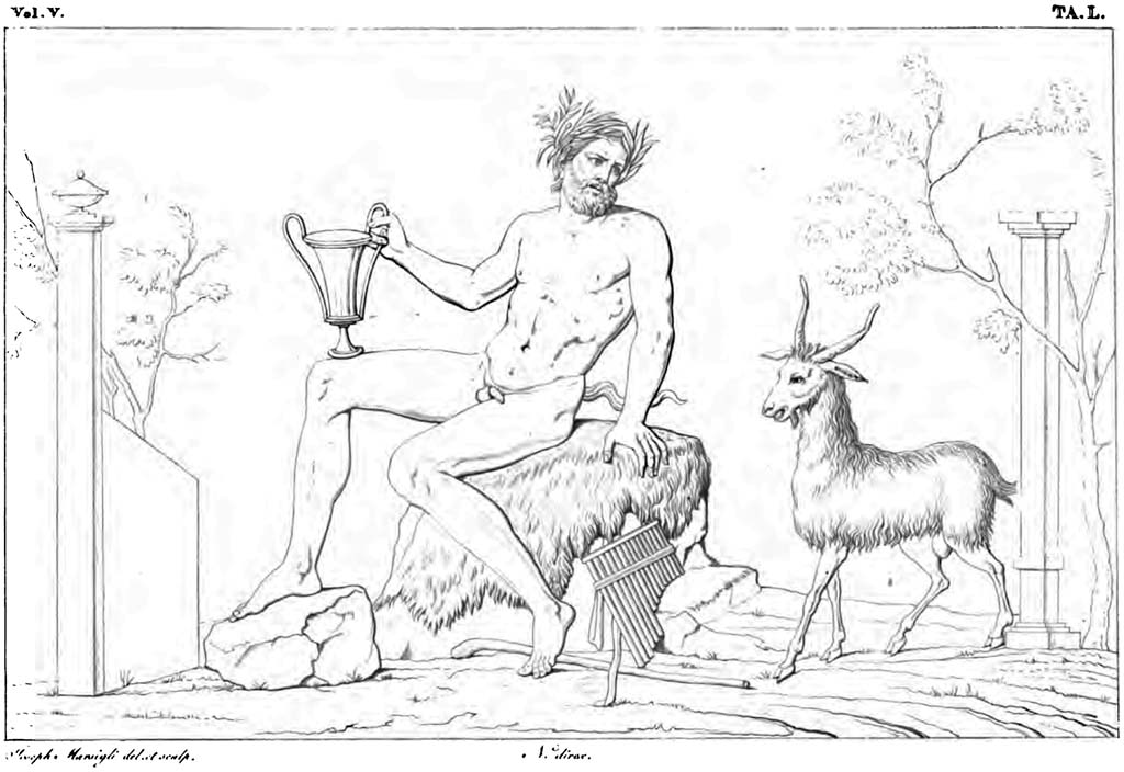 VIII.3.31 Pompeii? Pre-1829.
Drawing of Faun with goat which may have been seen in one of the rooms on the east side of the peristyle.
According to CTP –
The name of this house must have originated from a painting of Pan found there, see N. Corcia, Storia Delle Due Sicilie Dall'Antichità Più Remota Al 1789, Vol. II, Napoli, 1845, p.381.
See Van der Poel, H. B., 1983. Corpus Topographicum Pompeianum, Part II. Austin: University of Texas, (p.302, footnote 5).
According to RMB –
The man who, …………………………, sees at the corner of this Forum, opposite to that where the Basilica is, a road wide enough, in which a few feet away from the portico was a fountain. Behind this fountain opens a small door that leads into a house neither large nor much adorned. At the rear of the peristyle of this house you can see painted, in a small room, the faun in this published drawing (tav. L), whose composition was rather graceful …………
See Real museo Borbonico, Vol. V (5), 1829, Tav. L (50).
According to Eschebach, this may have been found and seen in this house, but now no longer available.
See Eschebach, L., 1993. Gebäudeverzeichnis und Stadtplan der antiken Stadt Pompeji. Köln: Böhlau, (p.368).
(Note: from the description in RMB – “a small door leading into a house neither large nor much adorned.
At the rear of the peristyle of this house you can see painted, in a small room, the faun in this published drawing (tav. L), …………………”.
The small door could also have described the doorway of VIII.2.12, (on the opposite side of Via delle Scuole from VIII.3.31), leading into the peristyle of VIII.2.13, with small rooms on its south side.
However, we will bow to the knowledge of CTP, and Eschebach, and leave the drawing here.)
