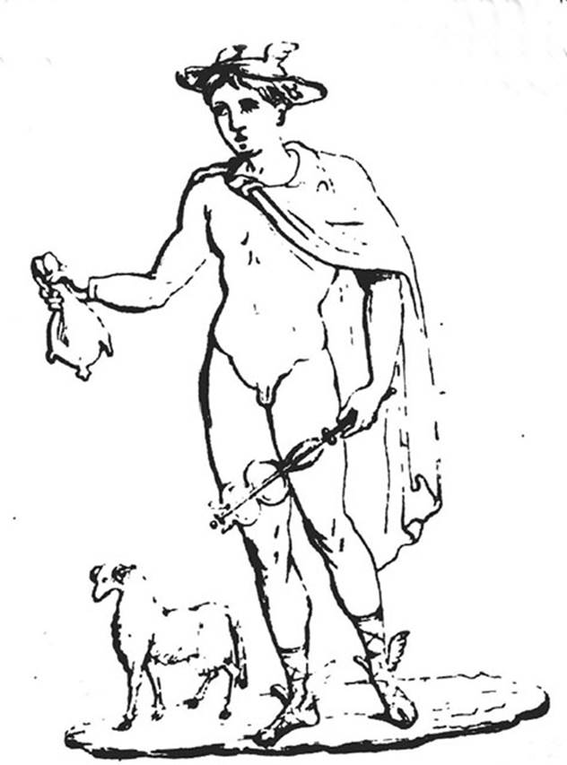 VIII.4.3 Pompeii. 1861 drawing of Mercury from inside shop. No longer visible. Now in Naples Archaeological Museum. Inventory number 9450. Fiorelli described Fortuna and Mercury painted on the walls of this shop, which the owner hoped would bring prosperity.
Fortuna is standing, dressed in Chiton and Mantel. In her left hand is the horn of plenty. In her right hand is a rudder resting on a globe. See Pappalardo, U., 2001. La Descrizione di Pompei per Giuseppe Fiorelli (1875). Napoli: Massa Editore, p.126. See Della Corte, M., 1965. Case ed Abitanti di Pompei. Napoli: Fausto Fiorentino, p. 232. See Helbig, W., 1868. Wandgemälde der vom Vesuv verschütteten Städte Campaniens. Leipzig: Breitkopf und Härtel. Fortuna (943) Hermes (357). See Giornale di Scavi 1861, Tav. III no. 5.