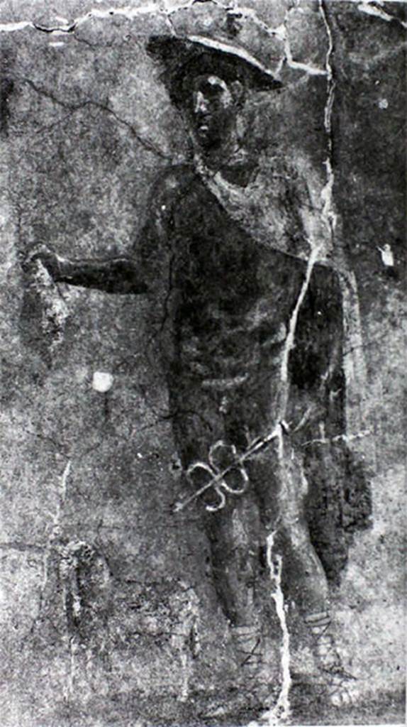 VIII.4.3 Pompeii. Old undated photograph of painting of Mercury from inside shop.
Mercury is holding the purse, the caduceus and wearing the winged helmet.
Now in Naples Archaeological Museum. Inventory number 9450.