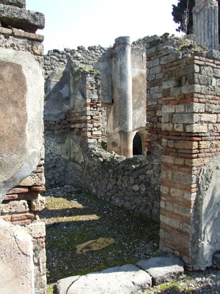 VIII.4.4 Pompeii. March 2009. Doorway to room 6, triclinium with window onto east portico.
According to PPM, the floor of this triclinium was very ornate; the threshold was decorated with a “net design” of diamond shapes formed with white tesserae.
In the centre of the floor was an emblema of polychrome mosaics showing a flower of six petals.
See Blake MAAR 1930, (pp.72,74, tav.46,6).
According to Helbig, this room contained the following wall paintings: Ariadne forsaken by Theseus (1229) and Phrixus and Helle (1254)
See Helbig, W., 1868. Wandgemälde der vom Vesuv verschütteten Städte Campaniens. Leipzig: Breitkopf und Härtel.
See Pompei: Pitture e Mosaici: Vol. VIII. Roma: Istituto della enciclopedia italiana, pp. 451ff.