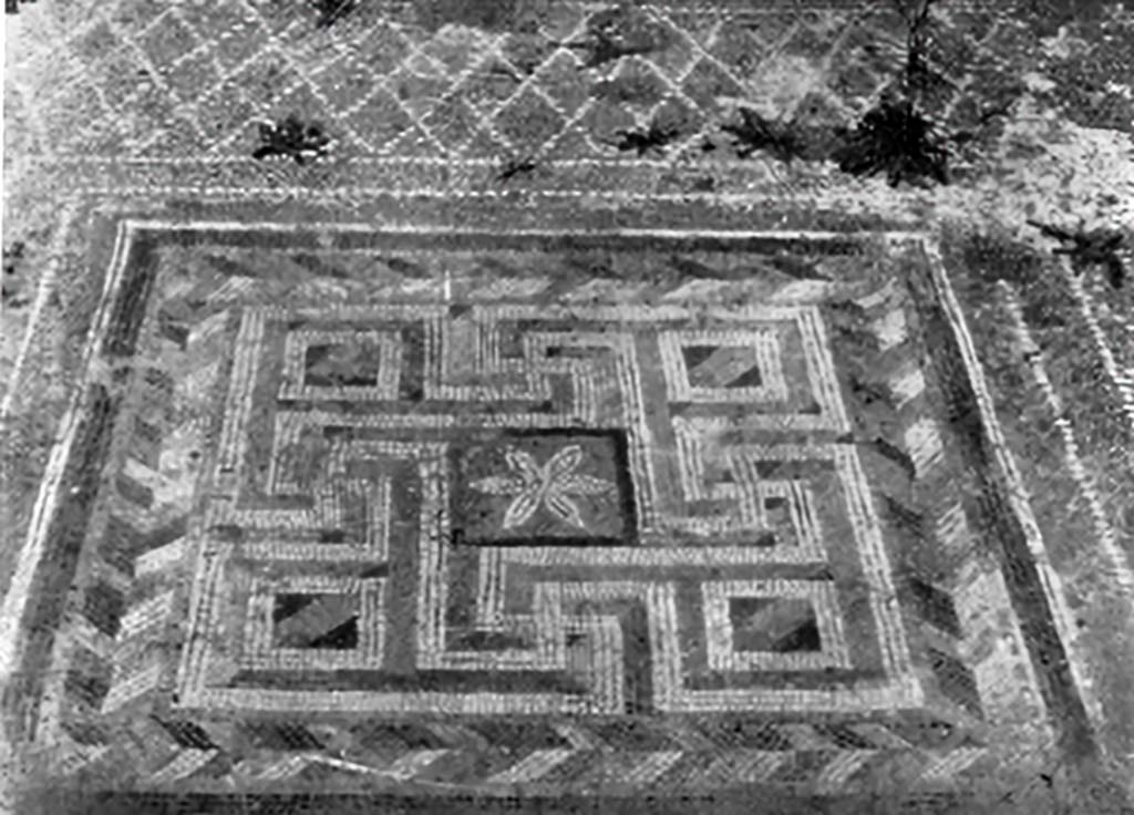 VIII.4.4 Pompeii. c.1930. Room 6, triclinium showing the central emblema of polychrome mosaic.
See Blake, M., (1930). The pavements of the Roman Buildings of the Republic and Early Empire. Rome, MAAR, 8, (p. 72, 74, & Pl.46, tav.6).