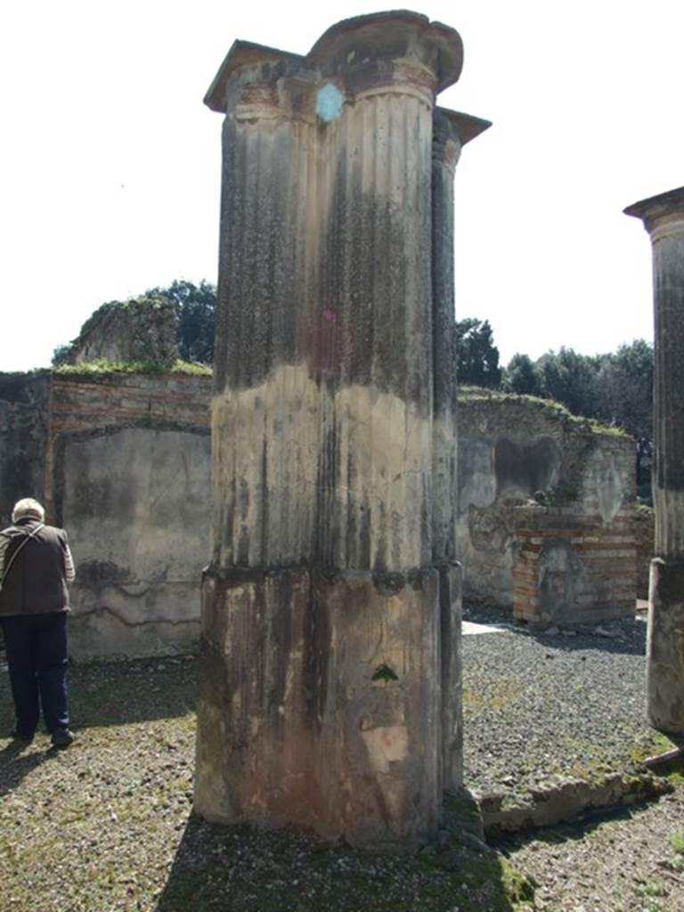 VIII.4.4 Pompeii. March 2009. Room 9. East portico. Looking south. Column reinforced by a pillar in south east corner of peristyle.