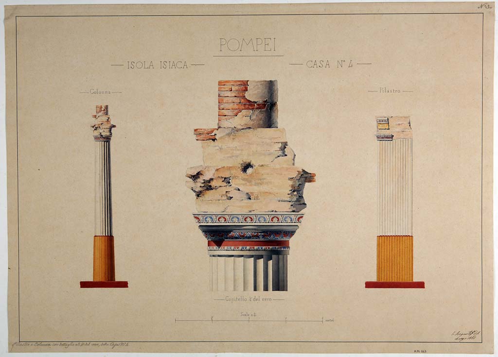 VIII.4.4 Pompeii. Painting by Carlo Sorgente, March 1861, of detail of decorated column and pilaster in peristyle.
Now in Naples Archaeological Museum. Inventory number ADS 863.
Photo © ICCD. http://www.catalogo.beniculturali.it
Utilizzabili alle condizioni della licenza Attribuzione - Non commerciale - Condividi allo stesso modo 2.5 Italia (CC BY-NC-SA 2.5 IT)