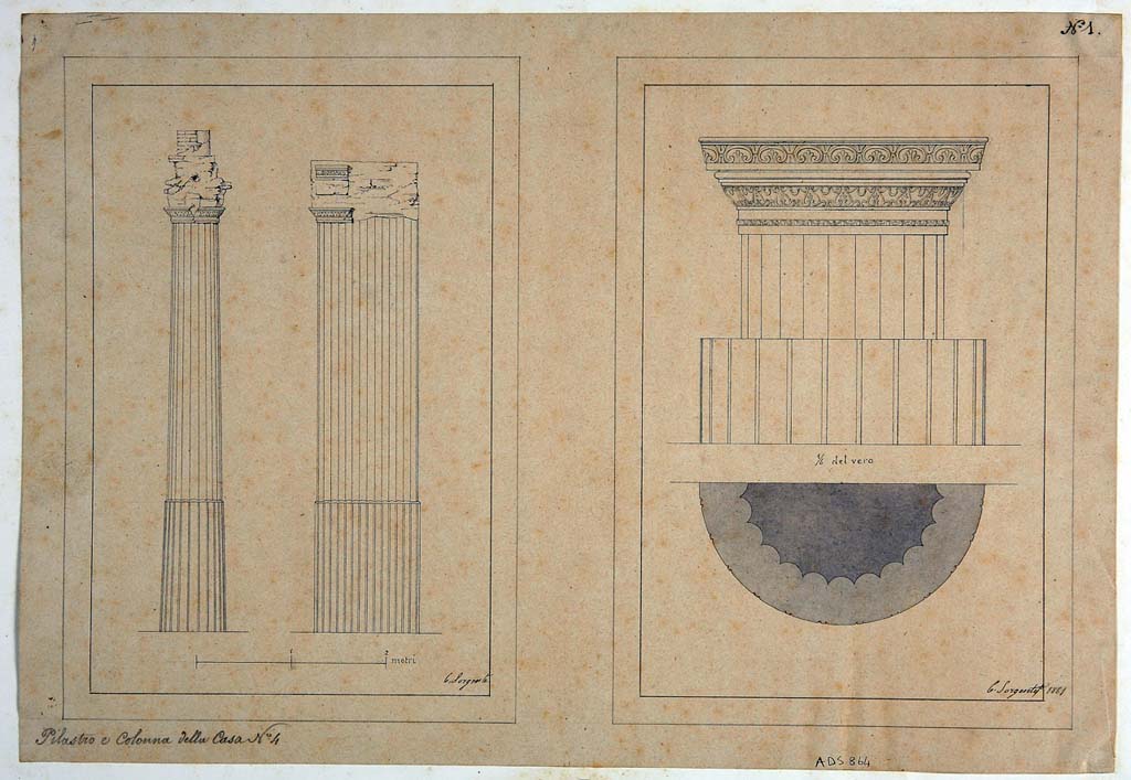 VIII.4.4 Pompeii. Drawing by Carlo Sorgente, 1861, of detail of decorated column and pilaster in peristyle.
Now in Naples Archaeological Museum. Inventory number ADS 864.
Photo © ICCD. http://www.catalogo.beniculturali.it
Utilizzabili alle condizioni della licenza Attribuzione - Non commerciale - Condividi allo stesso modo 2.5 Italia (CC BY-NC-SA 2.5 IT)