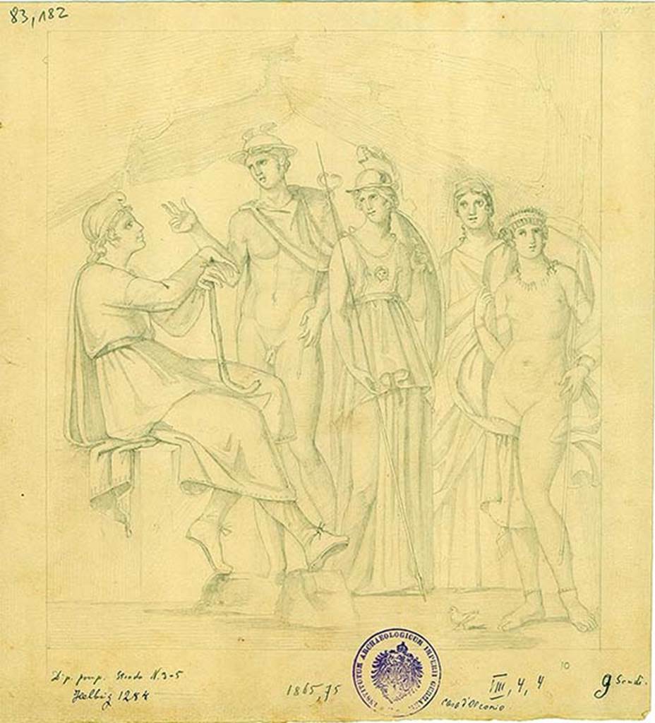 VIII.4.4 Pompeii. 1865. Room 10, centre of the south wall.
Drawing of the painting of The Judgement of Paris.
Paris is seated, with Hermes, Athena, Hera and Venus standing..
DAIR 83.182. Photo © Deutsches Archäologisches Institut, Abteilung Rom, Arkiv.
See http://arachne.uni-koeln.de/item/marbilder/5022354
See Helbig, W., 1868. Wandgemälde der vom Vesuv verschütteten Städte Campaniens. Leipzig: Breitkopf und Härtel, 1284.