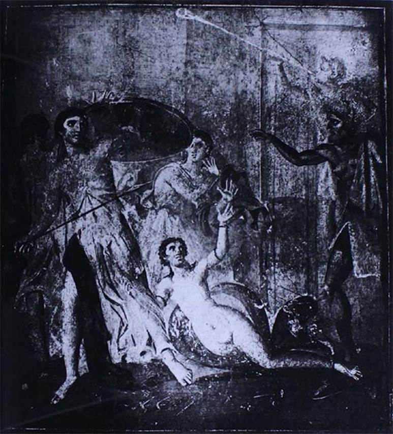 VIII.4.4 Pompeii. Old photograph c.1870. Room 10, centre of the east wall.
The painting of Achilles being found by Odysseus among King Lycomedes’ daughters on Skyros.
See Helbig, W., 1868. Wandgemälde der vom Vesuv verschütteten Städte Campaniens. Leipzig: Breitkopf und Härtel. (H1296).