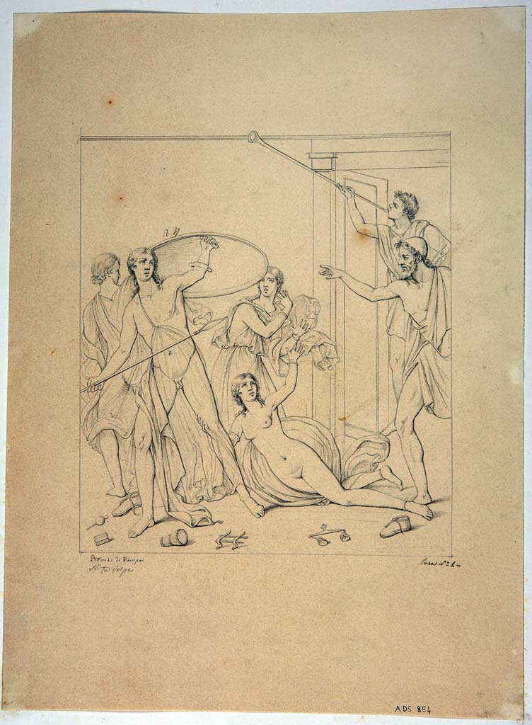 VIII.4.4 Pompeii. Drawing by Nicola La Volpe of painting seen on east wall of triclinium, room 10.
The painting is no longer recognisable having faded away.
Now in Naples Archaeological Museum. Inventory number ADS 854.
Photo © ICCD. http://www.catalogo.beniculturali.it
Utilizzabili alle condizioni della licenza Attribuzione - Non commerciale - Condividi allo stesso modo 2.5 Italia (CC BY-NC-SA 2.5 IT)