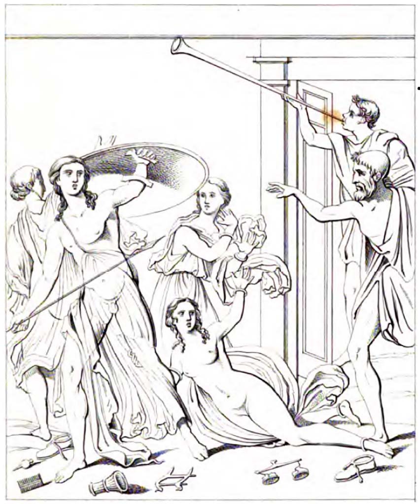 VIII.4.4 Pompeii. 1861. Drawing by Abbate of painting of Achilles on Skyros seen on east wall of triclinium, room 10.
See Fiorelli G., 1861. Giornale degli Scavi di Pompeii, p. 89, Tav X.
