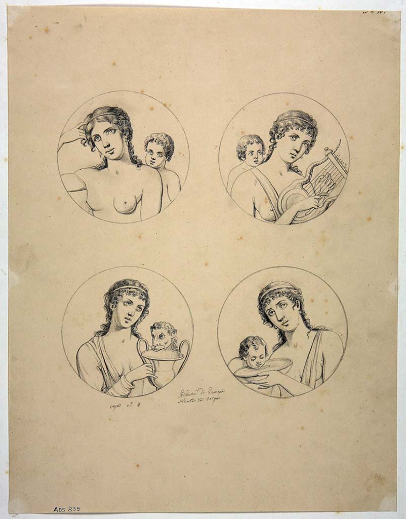 VIII.4.4 Pompeii. Drawings by Nicola La Volpe, of medallions with young girls and Maenads, from walls of room 10.
None of these are recognisable on the walls today.
Top left, woman with cupid behind her shoulder, Helbig 1427.
Top right, woman playing the lyre also with cupid behind her shoulder, Helbig 1440.
Lower left, Maenad with kantharos and a panther drinking, Helbig 1413.
Lower right, Maenad with young child drinking from low cup, Helbig 1413.
Now in Naples Archaeological Museum. Inventory number ADS 839.
Photo © ICCD. http://www.catalogo.beniculturali.it
Utilizzabili alle condizioni della licenza Attribuzione - Non commerciale - Condividi allo stesso modo 2.5 Italia (CC BY-NC-SA 2.5 IT)