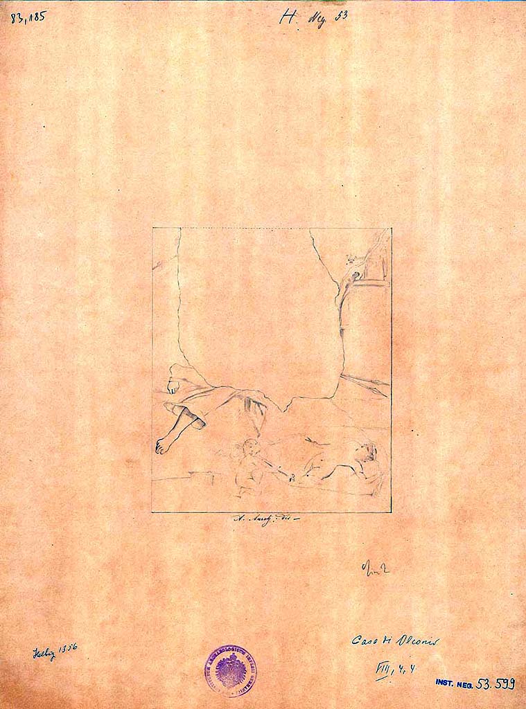 VIII.4.4 Pompeii. Room 11, south wall of exedra.
19th century drawing by A. Aureli of the painting of Narcissus looking at himself in the water.
DAIR 83.185. Photo © Deutsches Archäologisches Institut, Abteilung Rom, Arkiv.
See Helbig, W., 1868. Wandgemälde der vom Vesuv verschütteten Städte Campaniens. Leipzig: Breitkopf und Härtel, 1356.