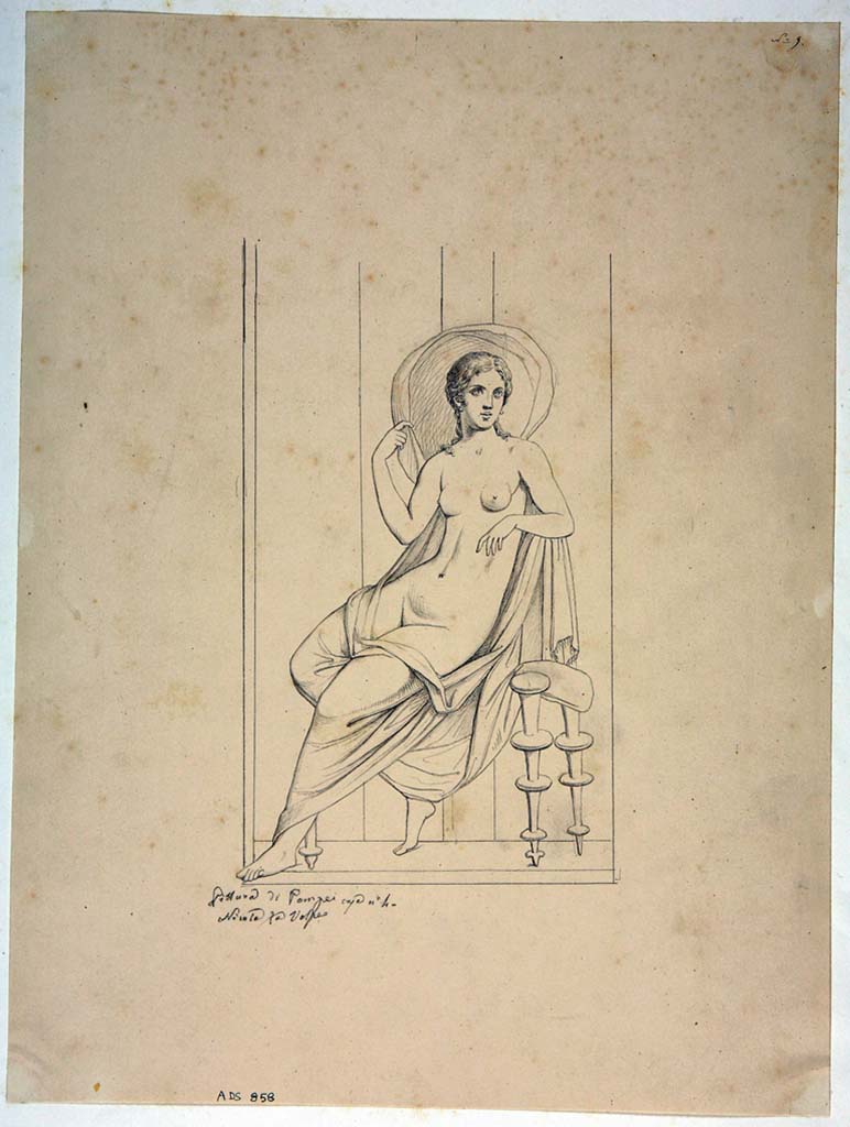 VIII.4.4 Pompeii. Drawing by Nicola La Volpe, of painting of sitting figure from north side of painting of Hermaphrodite on east wall.
Now in Naples Archaeological Museum. Inventory number ADS 858.
Photo © ICCD. http://www.catalogo.beniculturali.it
Utilizzabili alle condizioni della licenza Attribuzione - Non commerciale - Condividi allo stesso modo 2.5 Italia (CC BY-NC-SA 2.5 IT)