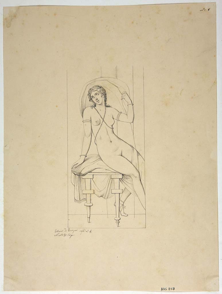 VIII.4.4 Pompeii. Drawing by Nicola La Volpe of painting of sitting figure from south side of painting of Hermaphrodite on east wall.
In the detail, below, the painting of the naked sitting female can just be seen.
Now in Naples Archaeological Museum. Inventory number ADS 857.
Photo © ICCD. http://www.catalogo.beniculturali.it
Utilizzabili alle condizioni della licenza Attribuzione - Non commerciale - Condividi allo stesso modo 2.5 Italia (CC BY-NC-SA 2.5 IT)
