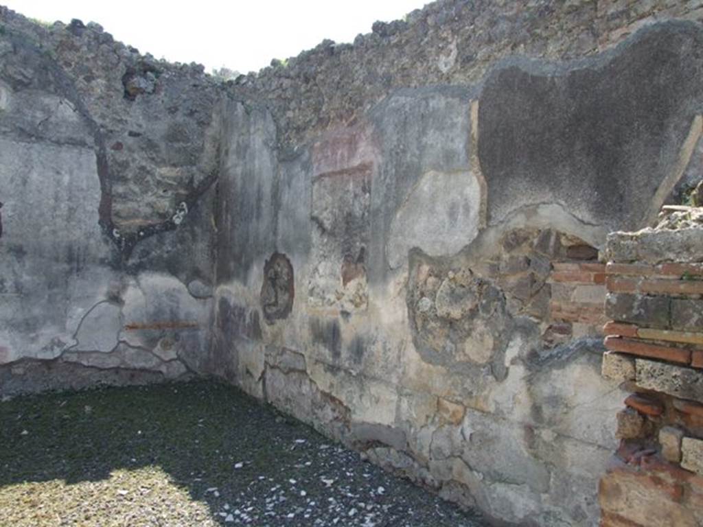 VIII.4.4 Pompeii. March 2009. Room 11, west wall of exedra.
In the centre would have been the painting of Bacchus, sleeping Ariadne and a faun lifting up the veil that covered her.
See Curtius, L., 1972. Die Wandmalerei Pompejis. New York: Hildesheim. (p. 313, fig 179 for Bacchus and Ariadne at Naxos)
See Breton, Ernest. 1870. Pompeia, Guide de visite a Pompei, 3rd ed. Paris, Guerin.
See Pappalardo, U., 2001. La Descrizione di Pompei per Giuseppe Fiorelli (1875). Napoli: Massa Editore. (p.127)
