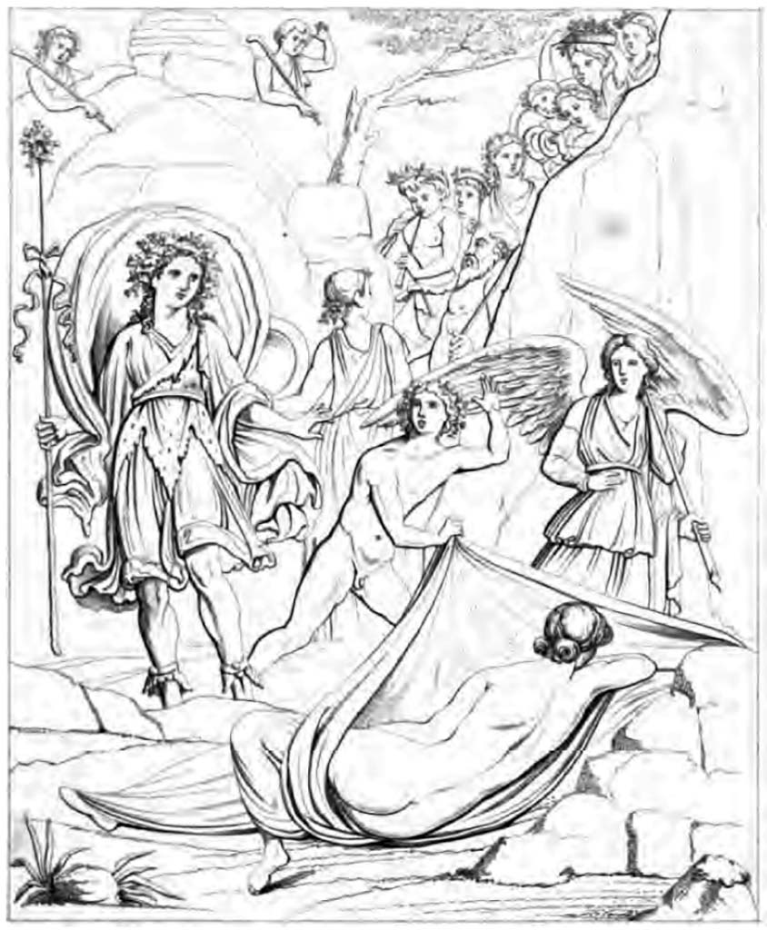 VIII.4.4 Pompeii. 1861. Room 11, west wall of exedra. Drawing by Abbate of Bacchus finding the sleeping Ariadne on Naxos.
See Fiorelli G., 1861. Giornale degli Scavi di Pompeii, p. 87, Tav VII.
Kuivalainen comments –
“A customary theme of discovering Ariadne in a rocky landscape, but the details are original, such as the challenging-looking Hypnus, more interested in Bacchus velificans than tending her, the well-built satyr, and the large entourage just arriving at the scene.”
See Kuivalainen, I., 2021. The Portrayal of Pompeian Bacchus. Commentationes Humanarum Litterarum 140. Helsinki: Finnish Society of Sciences and Letters, (p.151, E13).