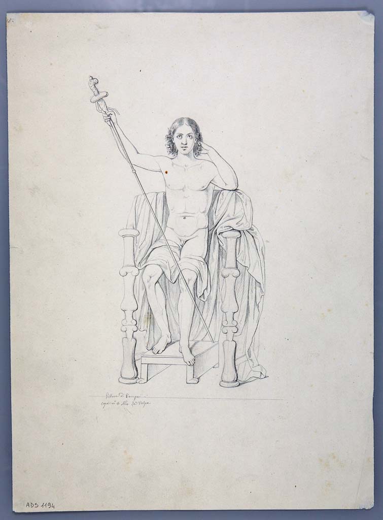 VIII.4.4 Pompeii.
Drawing by Nicola La Volpe, of painting of Dionysus on his throne, perhaps from exedra 11.
Perhaps seen in the upper architecture of the room.
According to PPM, -
Fiorelli mentioned that in the upper zone was a female divinity on her throne and a masculine figure also on a throne, which could have been this figure,
See Carratelli, G. P., 1990-2003. Pompei: Pitture e Mosaici: Vol. VIII. Roma: Istituto della enciclopedia italiana, (p.506, no.99)
Now in Naples Archaeological Museum. Inventory number ADS 1194.
Photo © ICCD. https://www.catalogo.beniculturali.it
Utilizzabili alle condizioni della licenza Attribuzione - Non commerciale - Condividi allo stesso modo 2.5 Italia (CC BY-NC-SA 2.5 IT)
See also Kuivalainen, I., 2021. The Portrayal of Pompeian Bacchus. Commentationes Humanarum Litterarum 140. Helsinki: Finnish Society of Sciences and Letters, (p.101-2, B14).