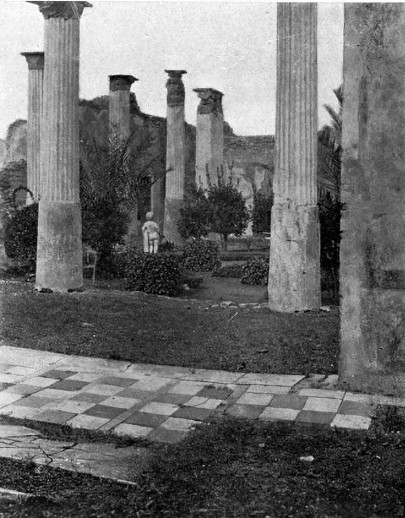 VIII.4.4 Pompeii. c.1930. Looking north from threshold doorway of exedra.
According to Blake – the threshold of the exedra uses border strips more sparingly to set off double rows of squares of contrasting materials.
See Blake, M., (1930). The pavements of the Roman Buildings of the Republic and Early Empire. Rome, MAAR, 8, (p.41, & Pl. 9, tav.1).