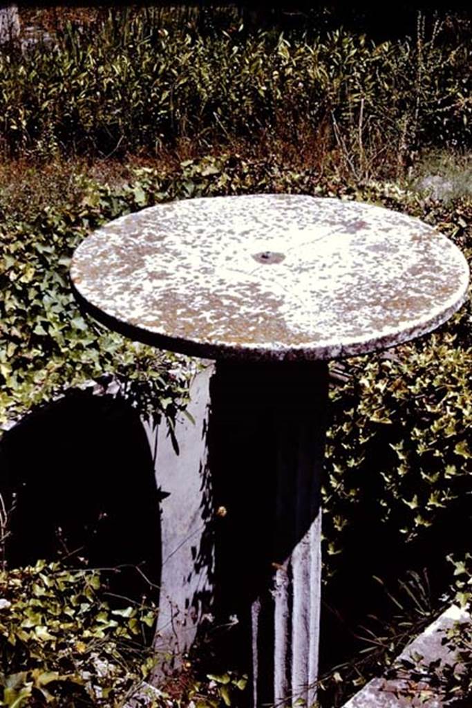 VIII.4.4 Pompeii. 1966. Round marble table with column for a base, used as a fountain.
Photo by Stanley A. Jashemski.
Source: The Wilhelmina and Stanley A. Jashemski archive in the University of Maryland Library, Special Collections (See collection page) and made available under the Creative Commons Attribution-Non Commercial License v.4. See Licence and use details.
J66f0578