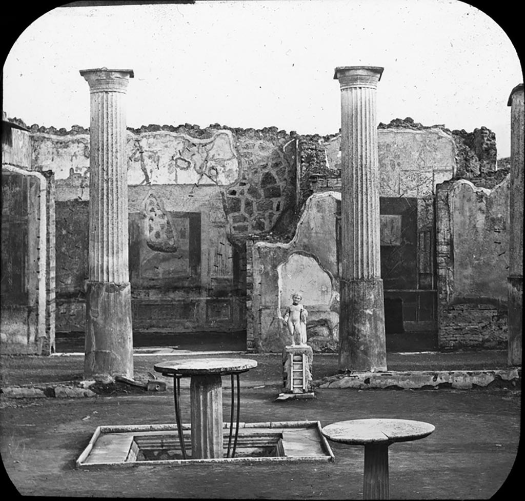 VIII.4.4 Pompeii. Looking south across garden area to rooms overlooking the south portico, with doorway to room 12 on right.
This photo shows the decoration on the south wall in the room. On the left is the entrance to room 11, the exedra.
Photo by permission of the Institute of Archaeology, University of Oxford. File name instarchbx202im 013 Resource ID. 44495
See photo on University of Oxford HEIR database