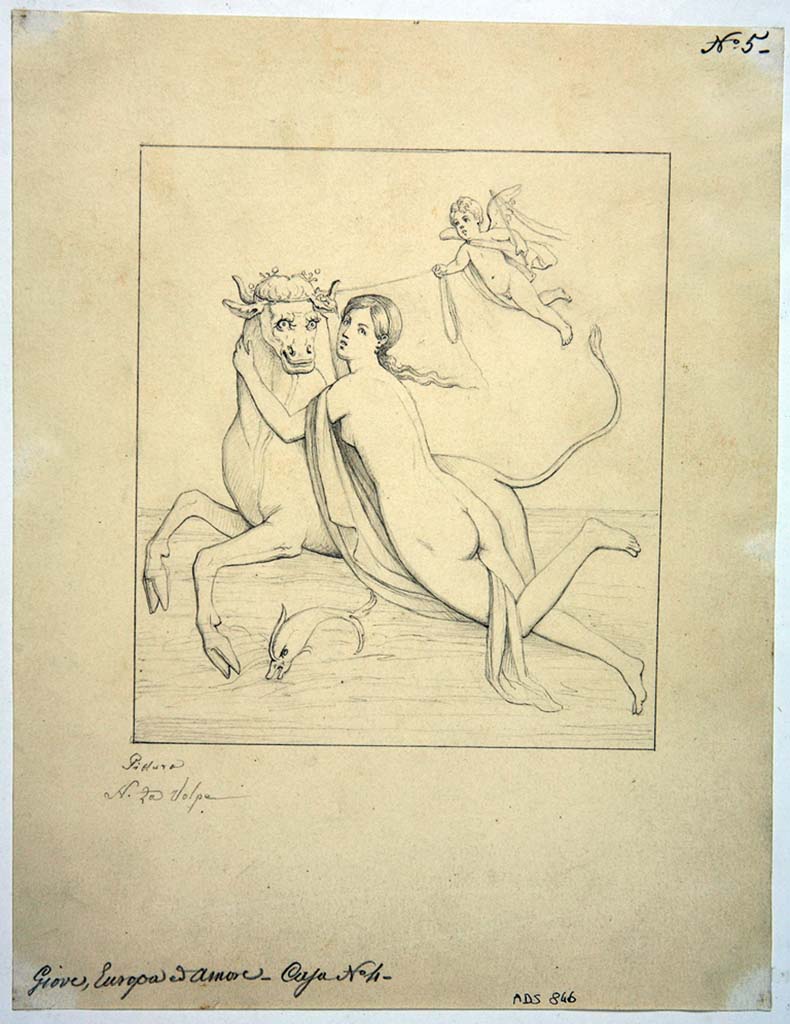 VIII.4.4 Pompeii. Drawing by Nicola La Volpe of the painting from the west wall of room 12.
The drawing depicts Europa, nude, viewed from behind, with cloth wrapped around an arm and a leg, clinging with both hands to the head of the bull (Zeus) that is carrying her to the left; a cupid at the top right tends the noose tied around the bull's head, while a dolphin swims down between the legs of the animal.
Now in Naples Archaeological Museum. Inventory number ADS 846.
Photo © ICCD. http://www.catalogo.beniculturali.it
Utilizzabili alle condizioni della licenza Attribuzione - Non commerciale - Condividi allo stesso modo 2.5 Italia (CC BY-NC-SA 2.5 IT)