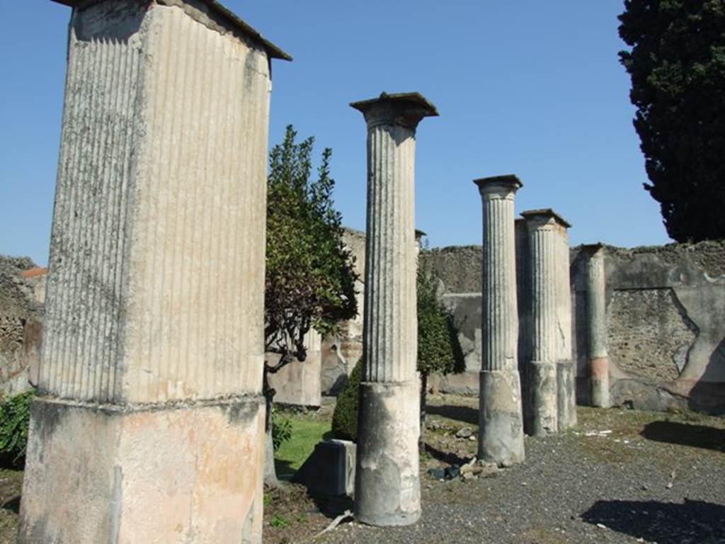 VIII.4.4 Pompeii.  March 2009. Area 13, looking east from south-west corner along south portico. Found scratched on one of the corner pillars of the portico was a proverb  “If you want to waste time, scatter millet and pick it up again”. [CIL IV 2069] See Cooley, A. and M.G.L., 2004. Pompeii : A Sourcebook. London : Routledge. (p.78)

Fiorelli said this inscription was to be found on one of the corner pillars in the south portico:
IIIIORAM  SI  QVAIIRIIS
SPARGHII IIIIILIV IIT COL
L I G I I
See Pappalardo, U., 2001. La Descrizione di Pompei per Giuseppe Fiorelli (1875). Napoli: Massa Editore. (p.127)

MORAM  SI  QVAERES
SPARGE  MILIV(m)  ET  COL
 LIGE                                  [CIL IV.2069]
See Jashemski, W. F., 1993. The Gardens of Pompeii, Volume II: Appendices. New York: Caratzas. (p.212)
