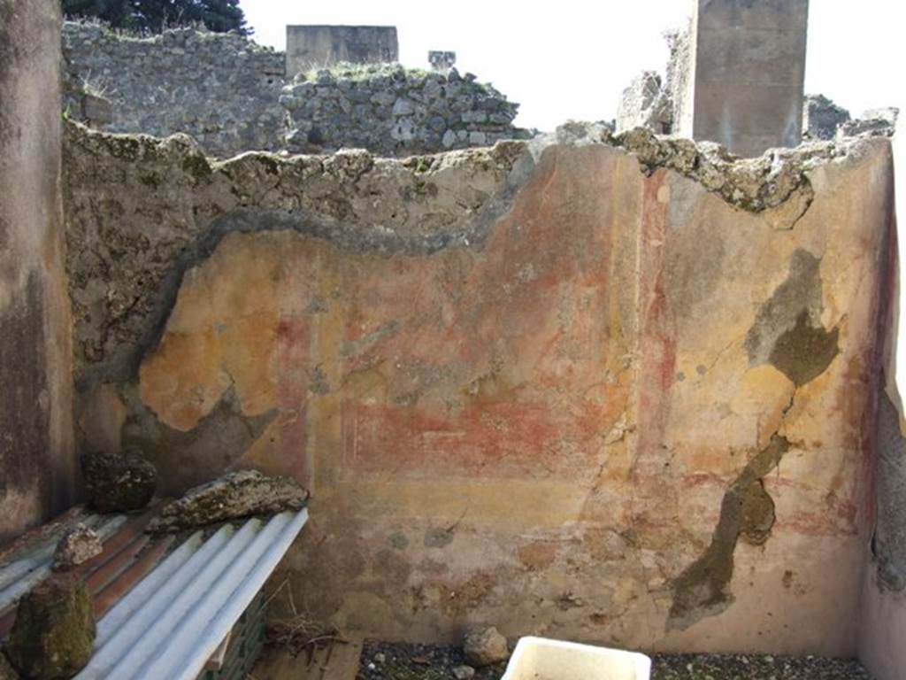 VIII.4.4 Pompeii. March 2009. Room 17, west wall. According to PPM, on the west wall the decoration was better preserved than on the north wall. Perhaps, seen at the base of the panels were birds pecking, also the candelabra that divided the middle zone panels. The decoration on the east and south walls were less well preserved.