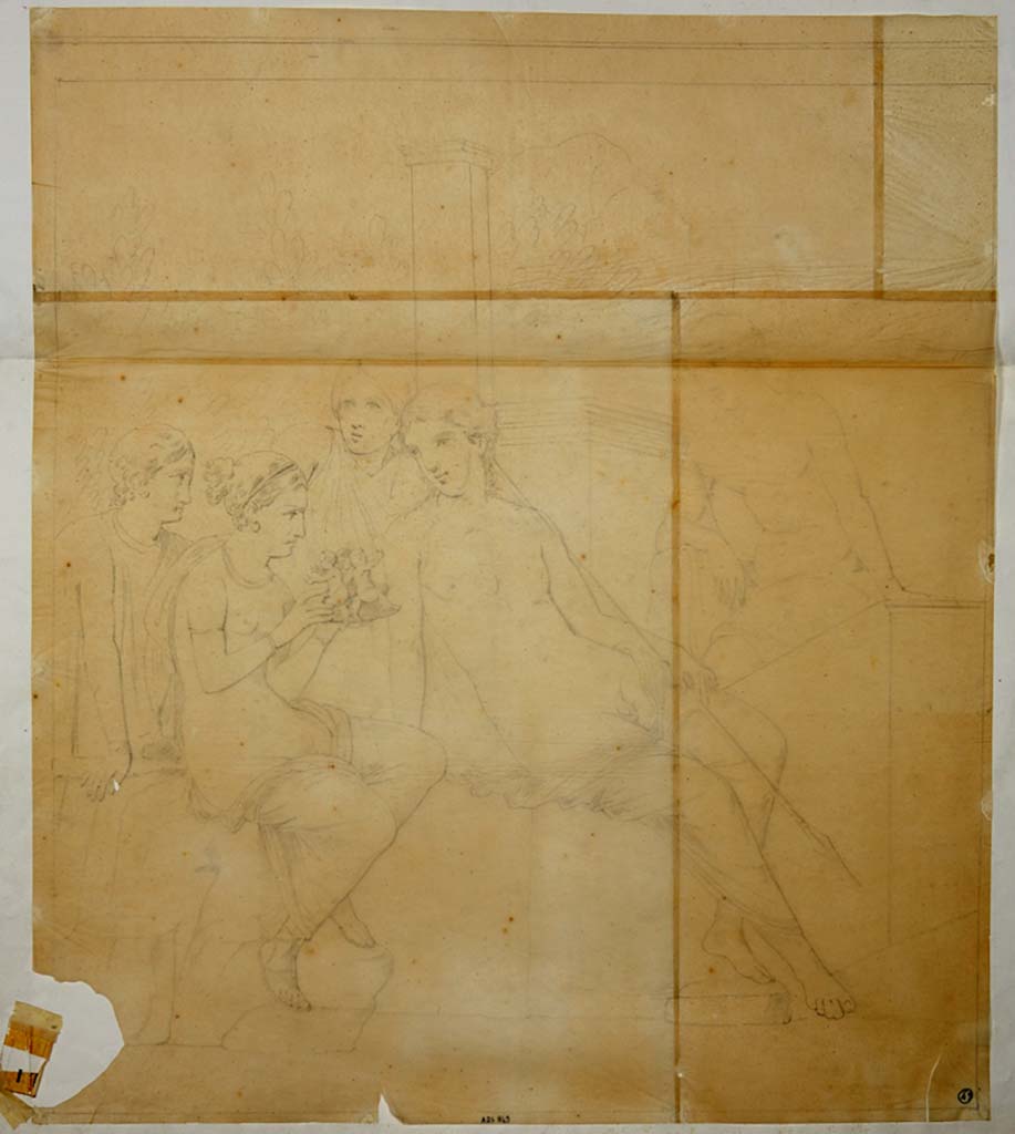 VIII.4.4 Pompeii. Drawing by Giuseppe Abbate of painting from centre of east wall of tablinum.
The painting is no longer recognisable being faded and perished.
Now in Naples Archaeological Museum. Inventory number ADS 849.
Photo © ICCD. http://www.catalogo.beniculturali.it
Utilizzabili alle condizioni della licenza Attribuzione - Non commerciale - Condividi allo stesso modo 2.5 Italia (CC BY-NC-SA 2.5 IT)