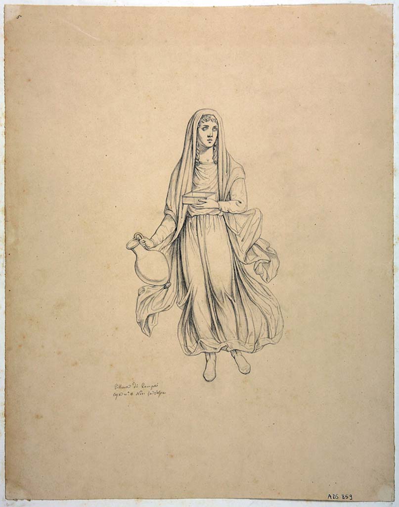 VIII.4.4 Pompeii. Drawing by Nicola La Volpe of painting seen at the north end of the east wall, a vignette of the Seasons showed “Winter” wearing a cloak.
Now in Naples Archaeological Museum. Inventory number ADS 859.
Photo © ICCD. http://www.catalogo.beniculturali.it
Utilizzabili alle condizioni della licenza Attribuzione - Non commerciale - Condividi allo stesso modo 2.5 Italia (CC BY-NC-SA 2.5 IT)