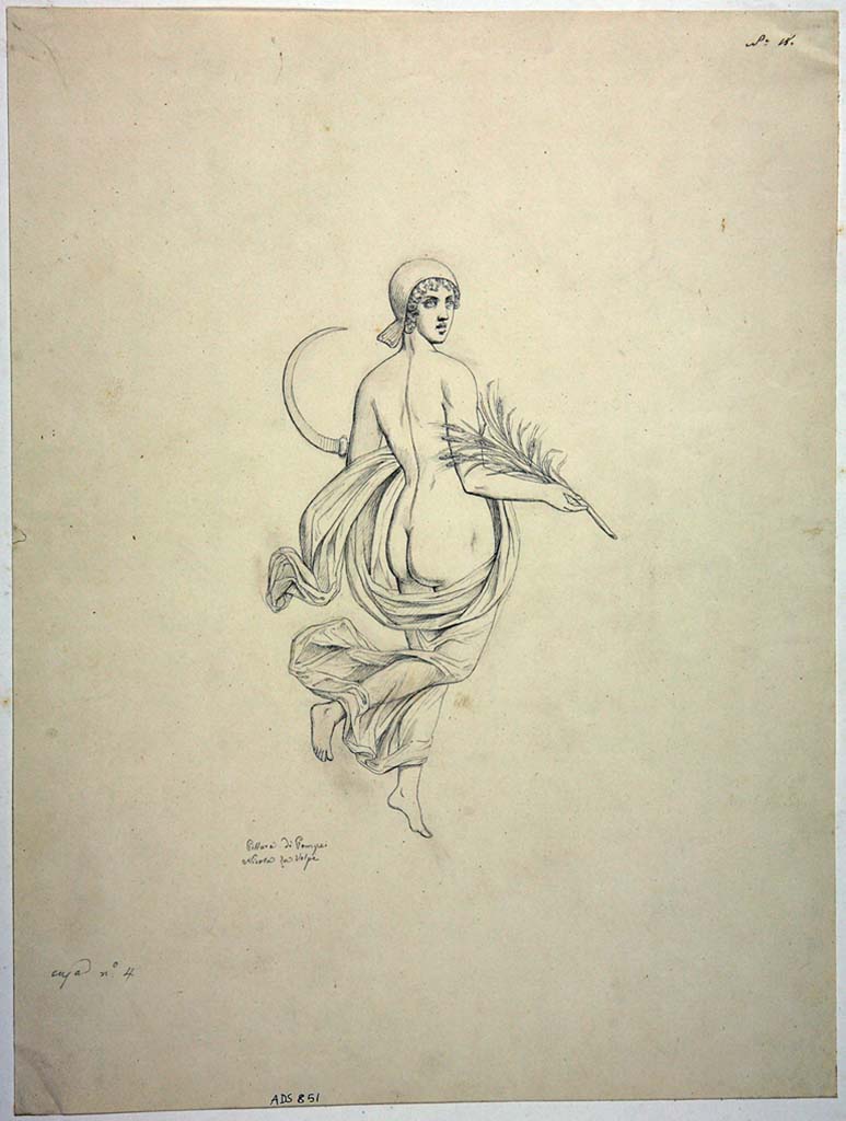 VIII.4.4 Pompeii. Drawing by Nicola La Volpe of painting of one of the “Seasons”.
This painting representing Summer may have been seen at the south end of the west wall of the tablinum.
Now in Naples Archaeological Museum. Inventory number ADS 851.
Photo © ICCD. http://www.catalogo.beniculturali.it
Utilizzabili alle condizioni della licenza Attribuzione - Non commerciale - Condividi allo stesso modo 2.5 Italia (CC BY-NC-SA 2.5 IT)