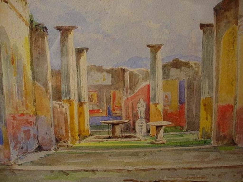 VIII.4.4 Pompeii. Detail from 1910 painting looking south through tablinum across peristyle to exedra.
Photo courtesy of Jim Sibal.