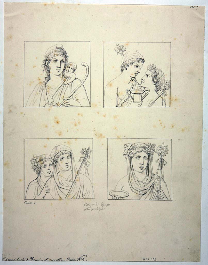 VIII.4.4 Pompeii. Drawings by Nicola La Volpe from the walls in room 22.
Top left, south end of east wall, Paris.
Top right, west end of north wall. Dionysus and Satyr.
Lower left, south end of west wall, Ariadne in the company of a Maenad.
Lower right, east end of south wall. Ariadne with cup in her right hand, thyrsus in her left, and wearing a crown of flowers.
Now in Naples Archaeological Museum. Inventory number ADS 838.
Photo © ICCD. http://www.catalogo.beniculturali.it
Utilizzabili alle condizioni della licenza Attribuzione - Non commerciale - Condividi allo stesso modo 2.5 Italia (CC BY-NC-SA 2.5 IT)