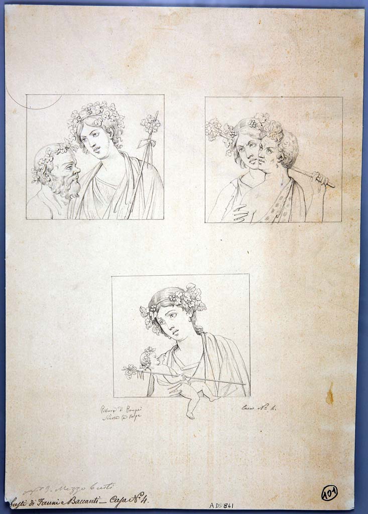 VIII.4.4 Pompeii. Drawings by Nicola La Volpe from the walls in room 22.
Top left, north end of west wall. Silenus and Maenad with thyrsus.
Top right, west end of south wall. Satyr and Maenad.
Lower middle, east end of north wall, Dionysus in the arms of a Maenad.
Now in Naples Archaeological Museum. Inventory number ADS 841.
Photo © ICCD. http://www.catalogo.beniculturali.it
Utilizzabili alle condizioni della licenza Attribuzione - Non commerciale - Condividi allo stesso modo 2.5 Italia (CC BY-NC-SA 2.5 IT)