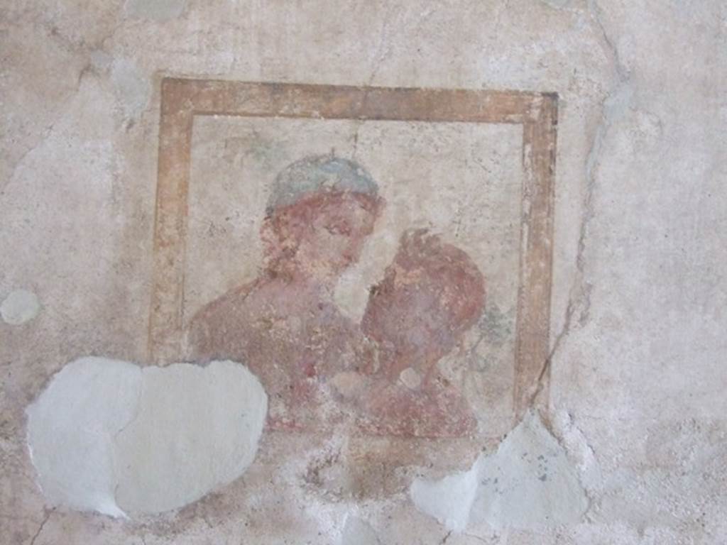 VIII.4.4 Pompeii. March 2009. Room 22, west end of north wall of cubiculum. Wall painting of Dionysus and Satyr.
See Helbig, W., 1868. Wandgemälde der vom Vesuv verschütteten Städte Campaniens. Leipzig: Breitkopf und Härtel, (384).
Kuivalainen comments –
A young Bacchus offers wine to a satyr. His cap is a rare type of headcover, but also known from other paintings.
The central position of the vessel and the wordless interaction between the figures alludes to offering and craving wine.
See Kuivalainen, I., 2021. The Portrayal of Pompeian Bacchus. Commentationes Humanarum Litterarum 140. Helsinki: Finnish Society of Sciences and Letters, (F5, p.162).