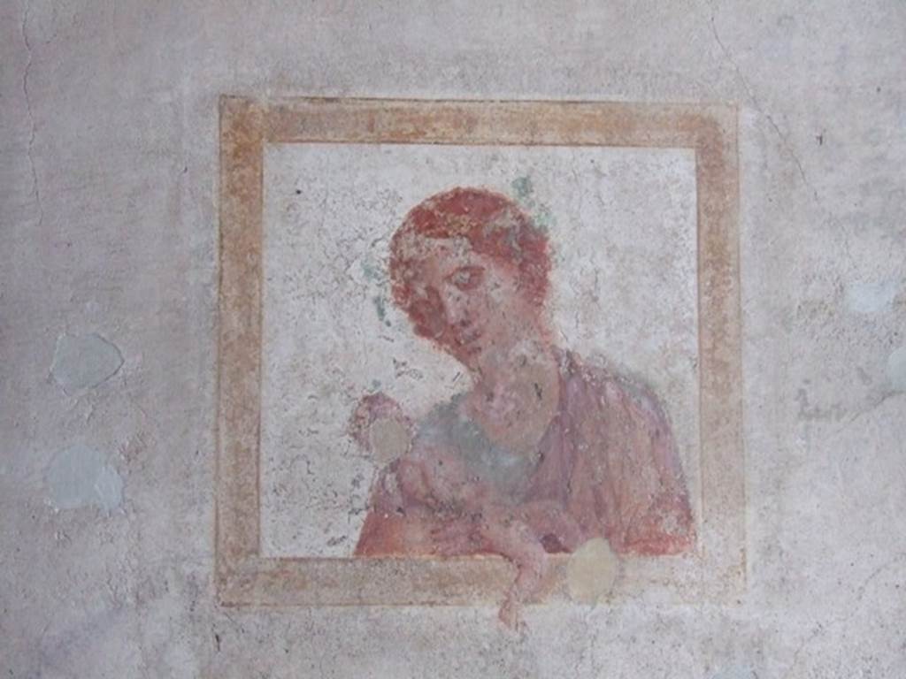 VIII.4.4 Pompeii. March 2009. Room 22, east end of north wall of cubiculum. Wall painting of Dionysus in the arms of a Maenad. The legs of the young God Dionysus stick out over the frame of the picture, making it look like a window.
See Helbig, W., 1868. Wandgemälde der vom Vesuv verschütteten Städte Campaniens. Leipzig: Breitkopf und Härtel, (372).