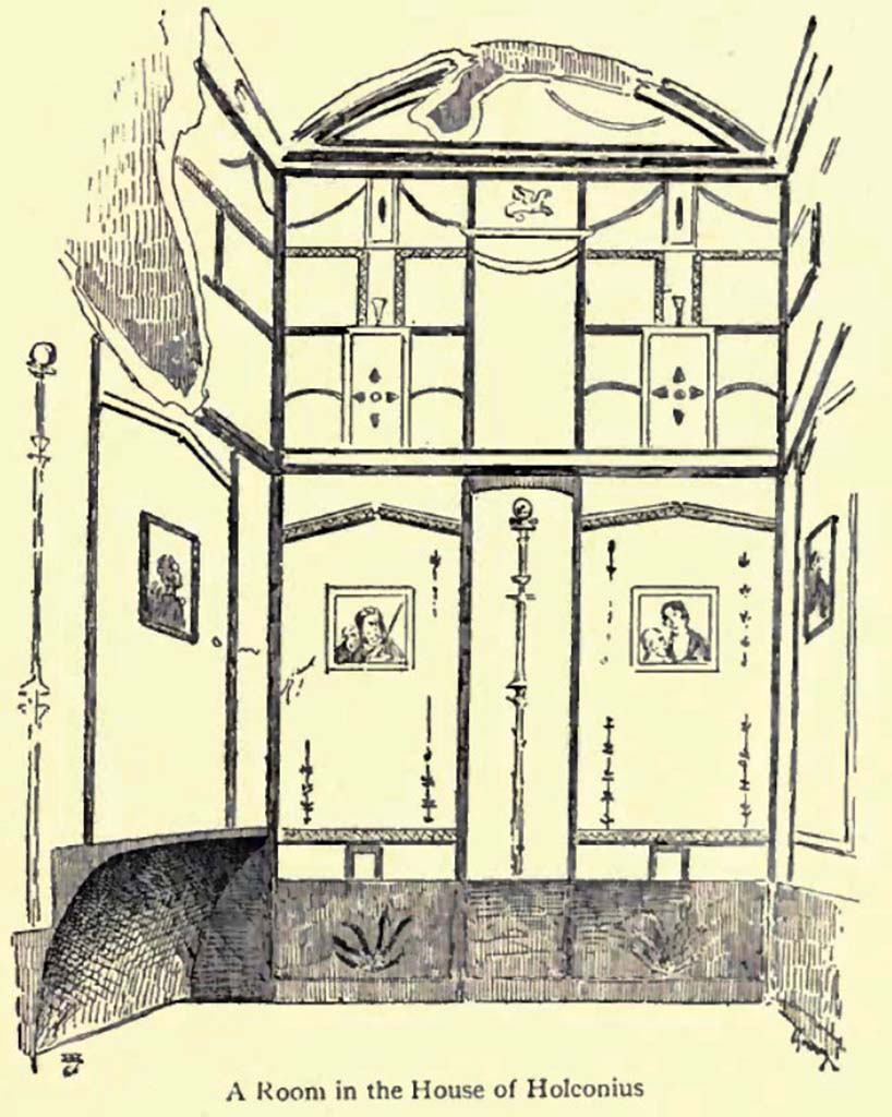 VIII.4.4 Pompeii. c.1900. Drawing by Pierre Gusman, looking towards west end of room 22.
See Gusman P., 1900. Pompeii: The City, Its Life & Art. London: Heinemann, p. 267.